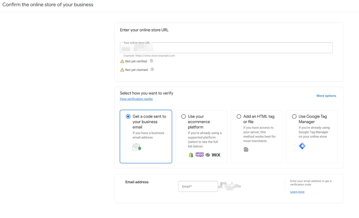 Verifying your website via the Google Merchant Centre - screenshot 