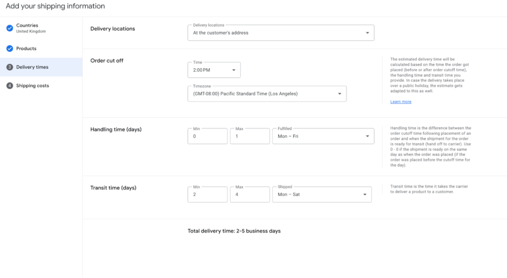 Screenshot of the Google Merchant Centre - adding your shipping information
